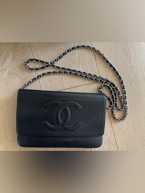 CHANEL Black Caviar Leather Wallet on Chain with Silver Chain